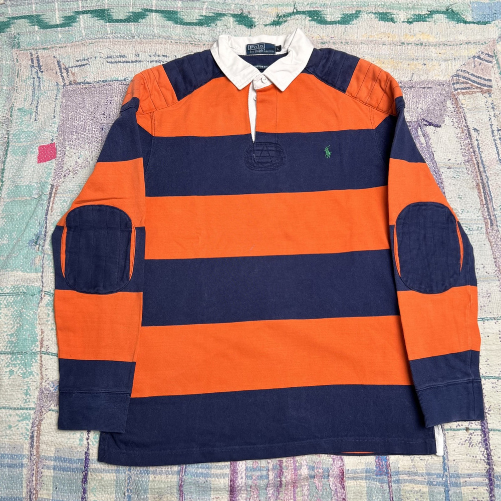 Polo Ralph Lauren Striped Rugby Shirt L Orange Blue Kanye Shoulder Elbow Pads